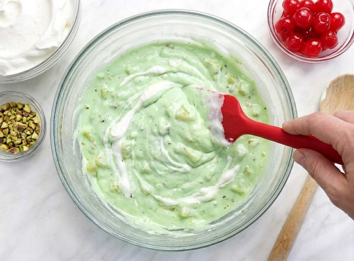 A rubber spatula folding whipped topping into a pale-green pistachio and pineapple mixture in a large bowl