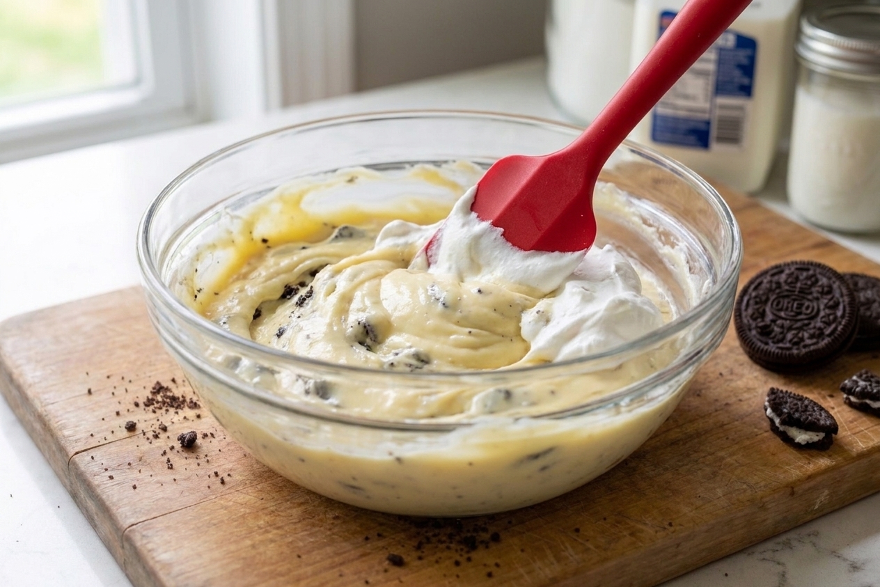 A rubber spatula folding whipped topping into a thick pudding mixture in a glass bowl