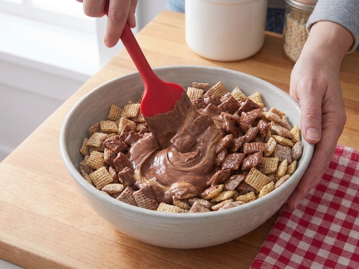 A rubber spatula gently folding chocolate peanut butter mixture through Chex cereal in a large bowl on a kitchen counter