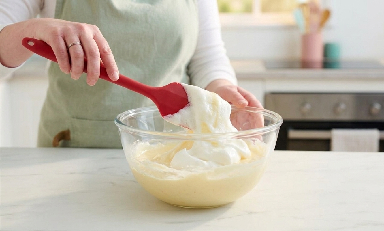 A rubber spatula gently folding glossy whipped egg whites into a pale cream cheese batter in a large mixing bowl on a kitchen counter