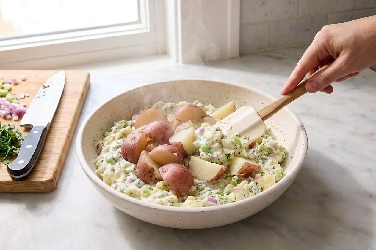 A rubber spatula gently folding warm red potatoes with creamy dressing in a large mixing bowl on a kitchen counter