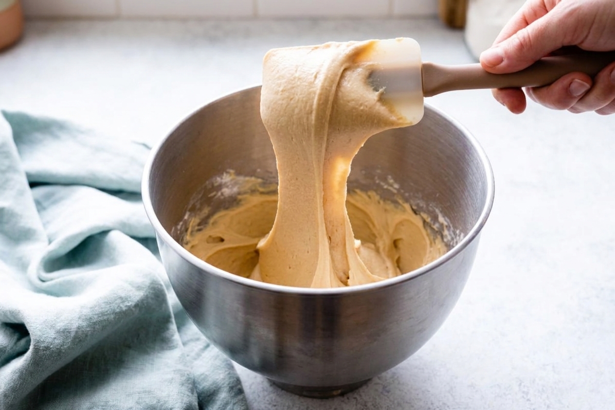 A rubber spatula lifting a thick ribbon of peanut butter frosting from a bowl, showing a smooth, fluffy texture