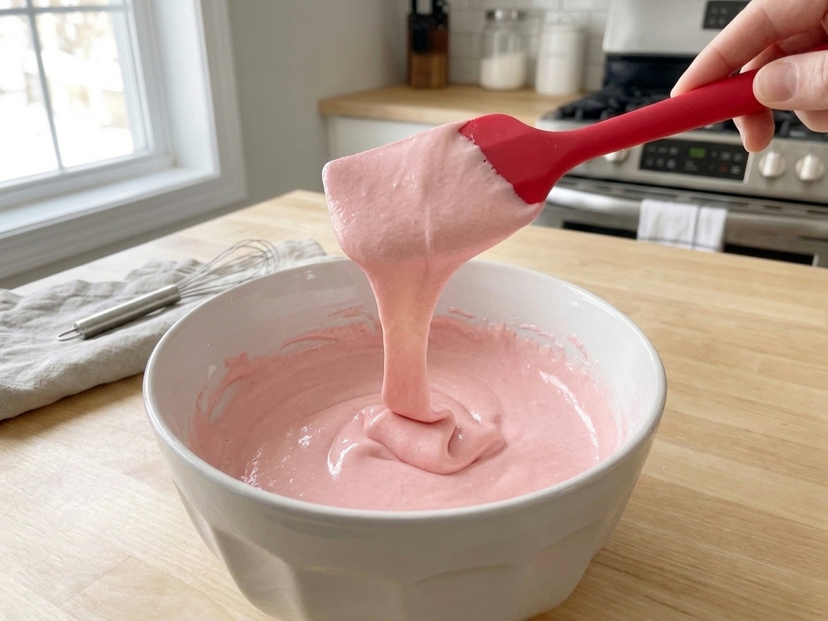 A rubber spatula lifting macaron batter that falls back into the bowl in a thick ribbon