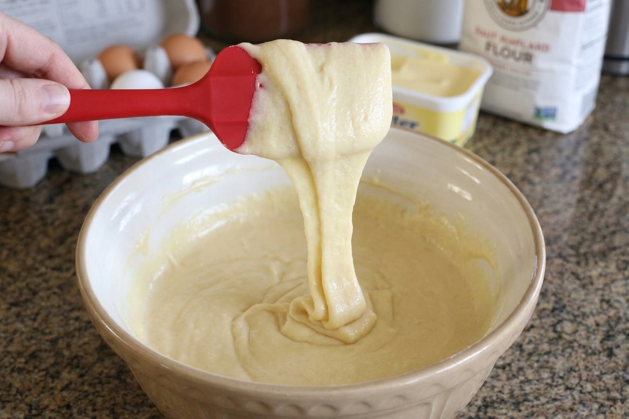 A rubber spatula lifting thick, pale cake batter from a mixing bowl showing a soft dropping consistency