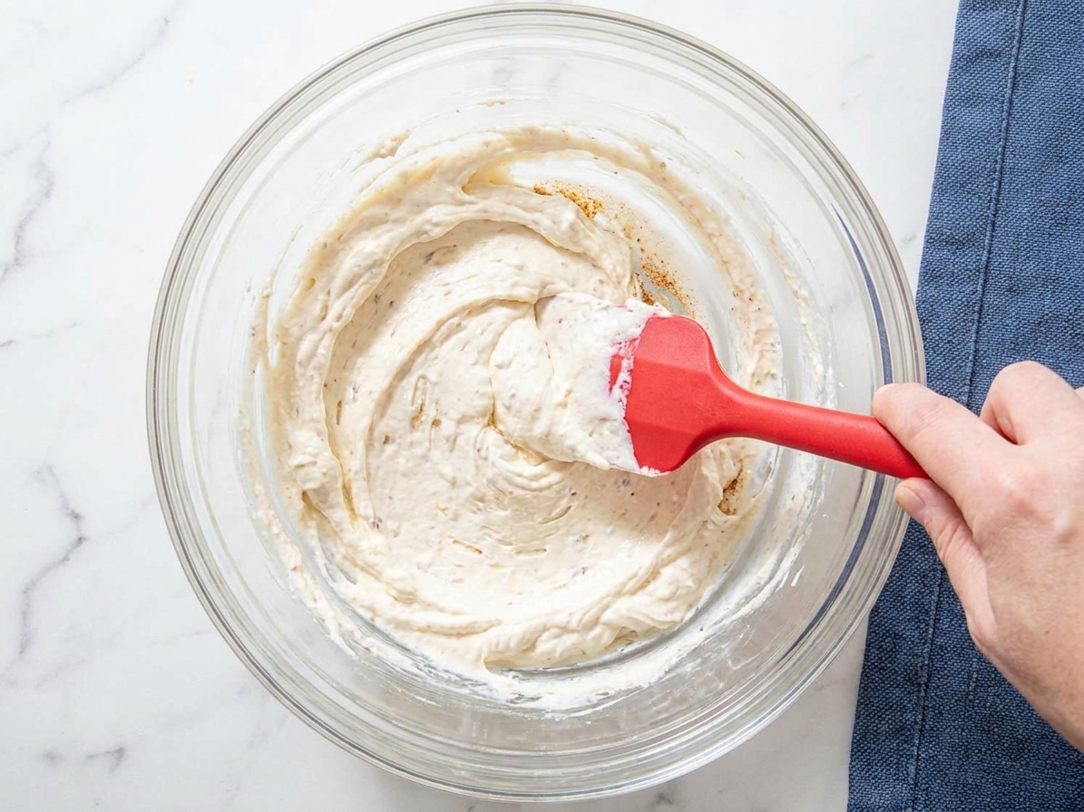 A rubber spatula mixing a creamy dip base in a glass bowl on a kitchen counter