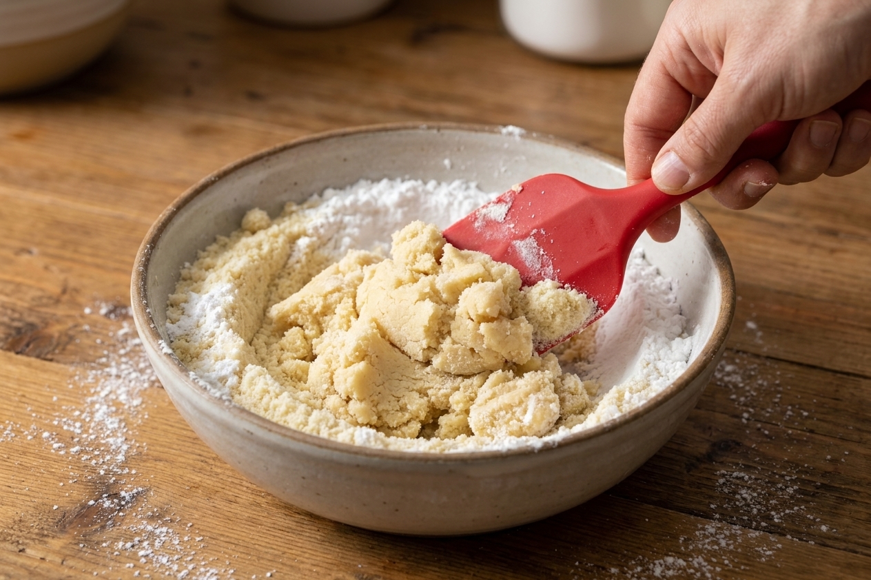 A rubber spatula mixing almond flour and powdered sugar into a clumpy marzipan dough inside a bowl