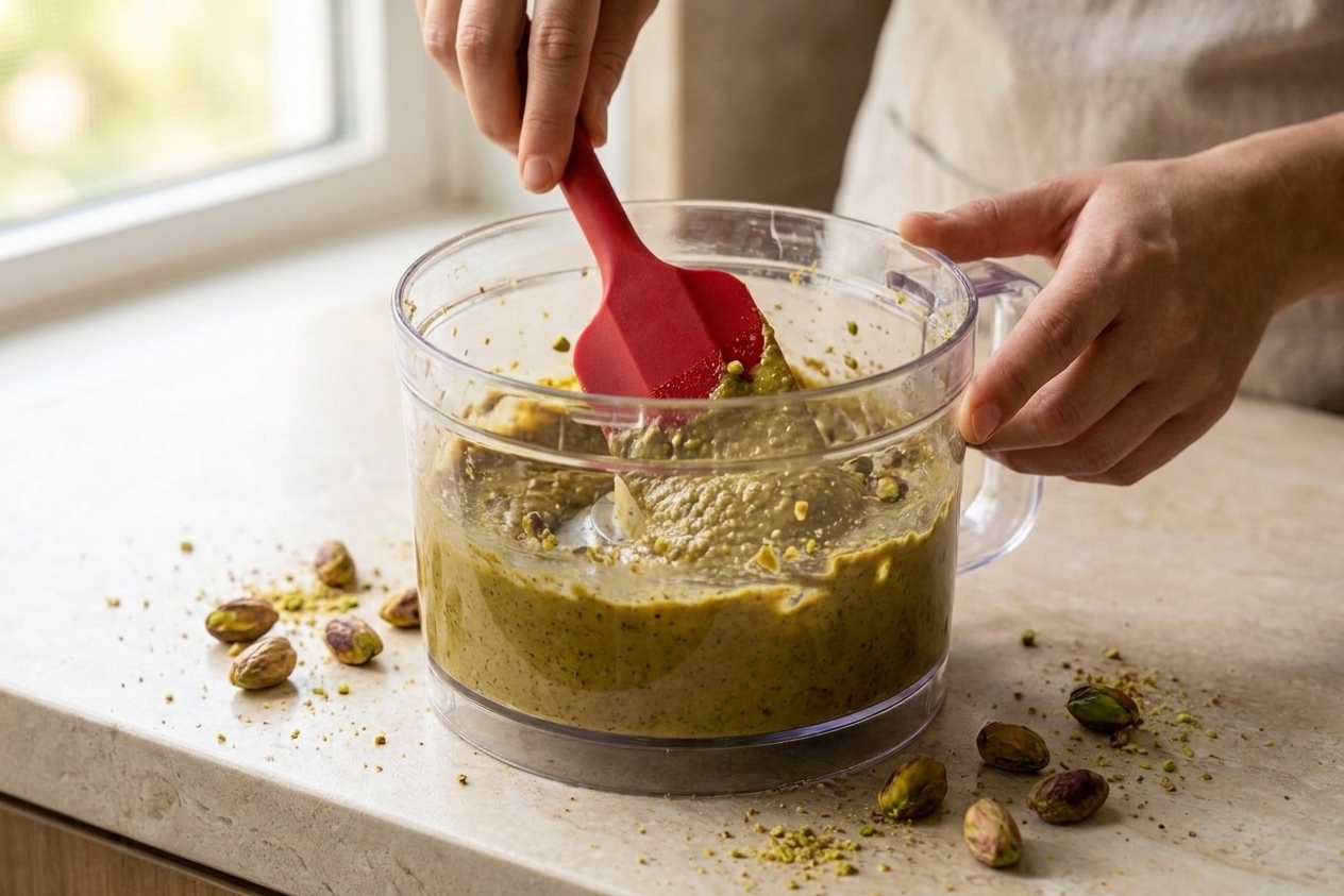 A rubber spatula scraping down the bowl of a food processor filled with partially blended pistachio butter on a bright kitchen counter