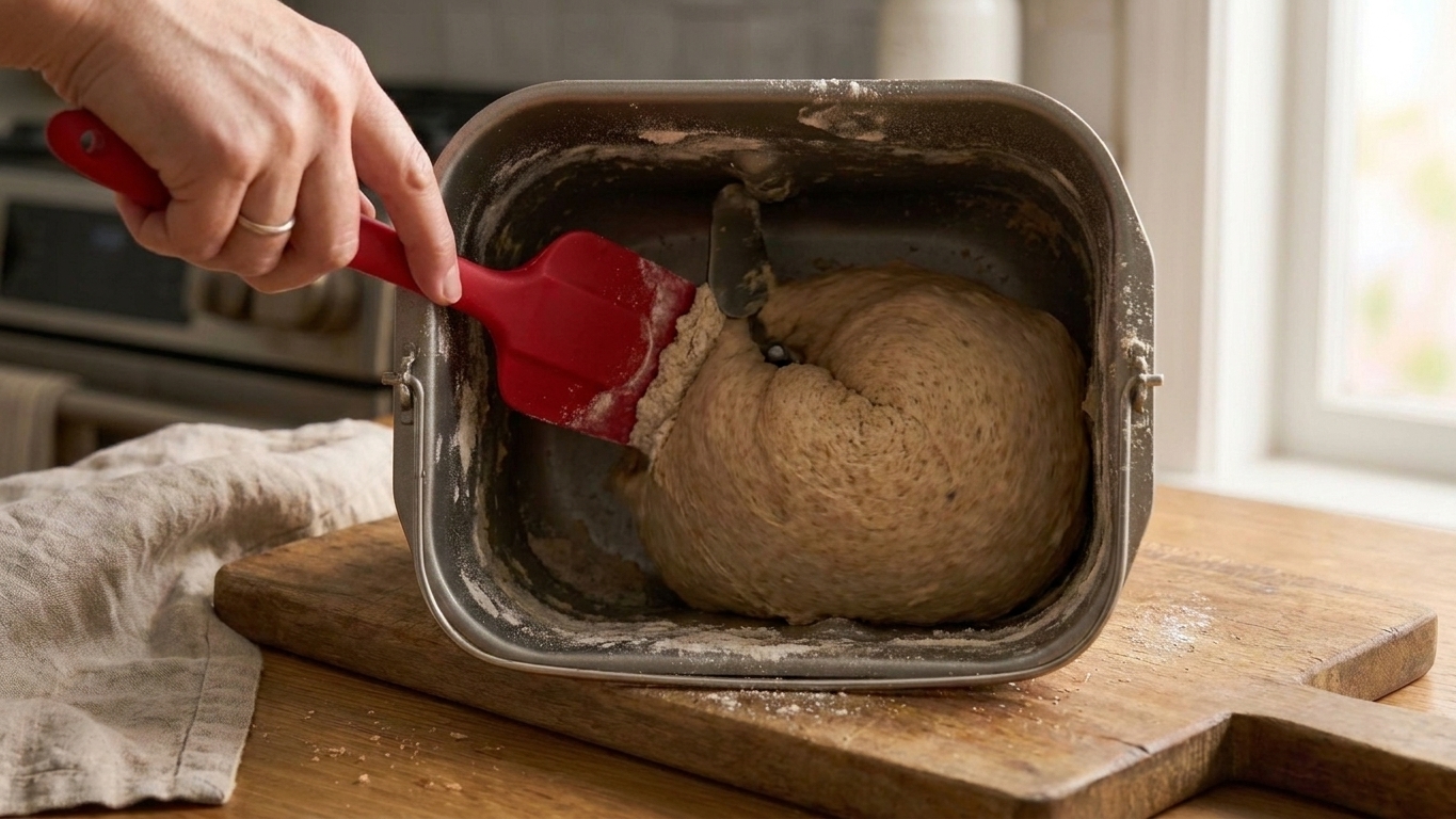 A rubber spatula scraping flour from the corner of a bread machine pan while the dough kneads
