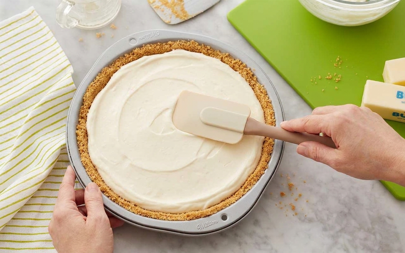 A rubber spatula smoothing creamy no-bake cheesecake filling in a springform pan on a bright kitchen counter
