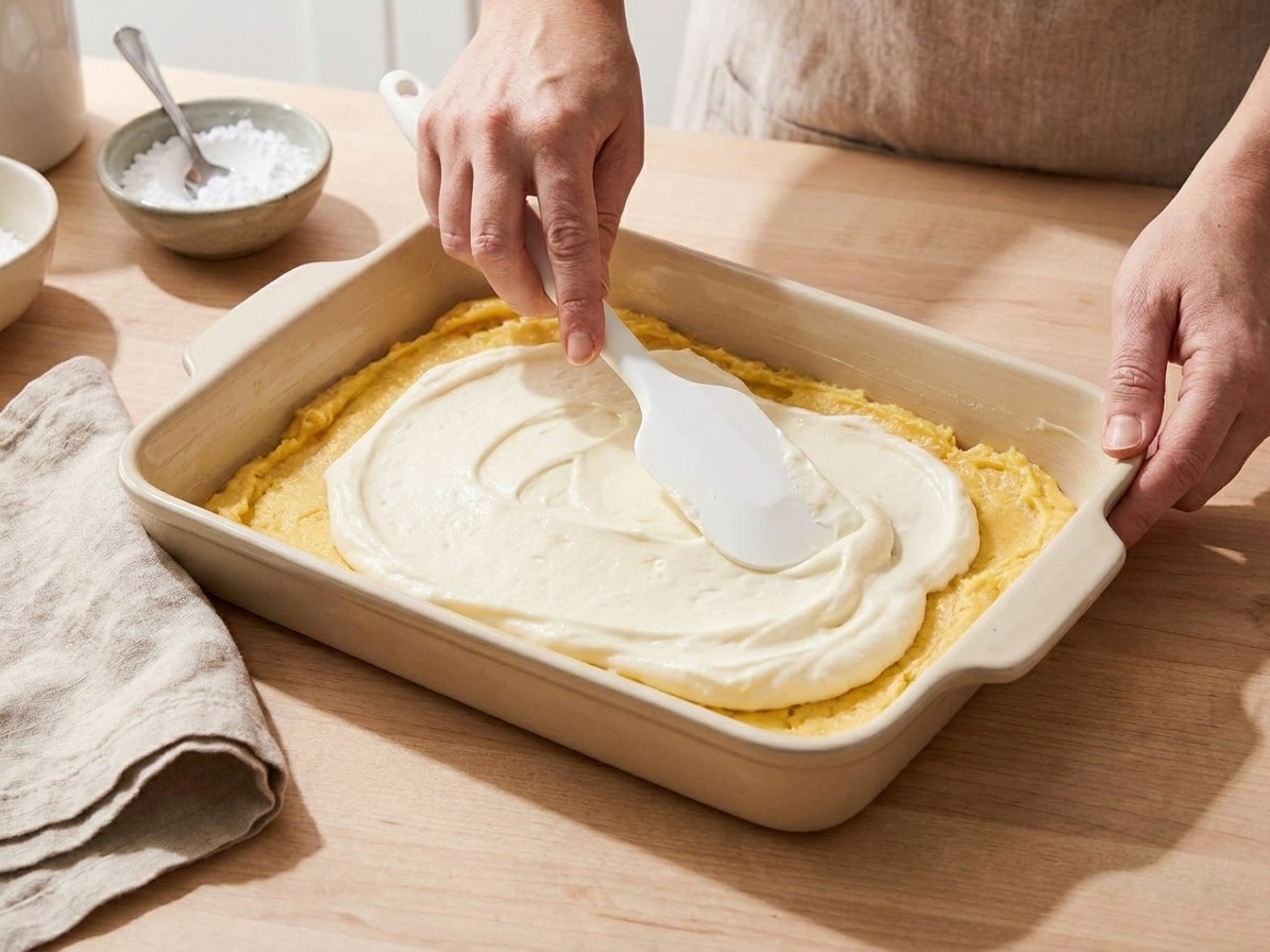 A rubber spatula spreading thick cream cheese filling over a pressed cake mix crust in a 9x13 pan