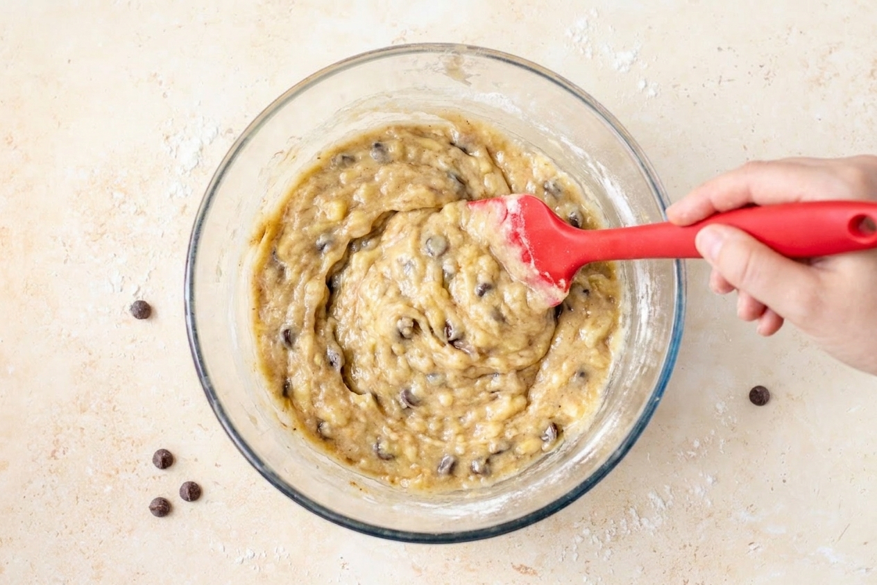 A rubber spatula stirring banana muffin batter in a large bowl on a bright kitchen counter