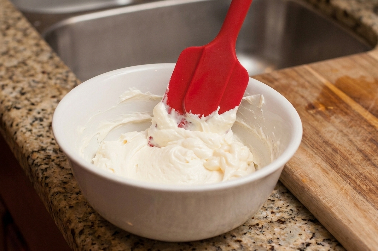 A rubber spatula stirring cream cheese and mayonnaise together in a white mixing bowl on a kitchen counter