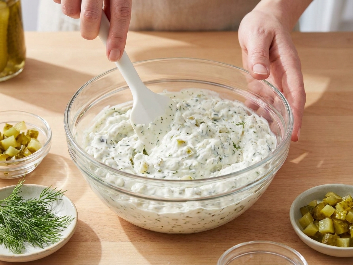 A rubber spatula stirring creamy dill pickle dip in a mixing bowl on a bright kitchen counter, with chopped dill and pickles visible