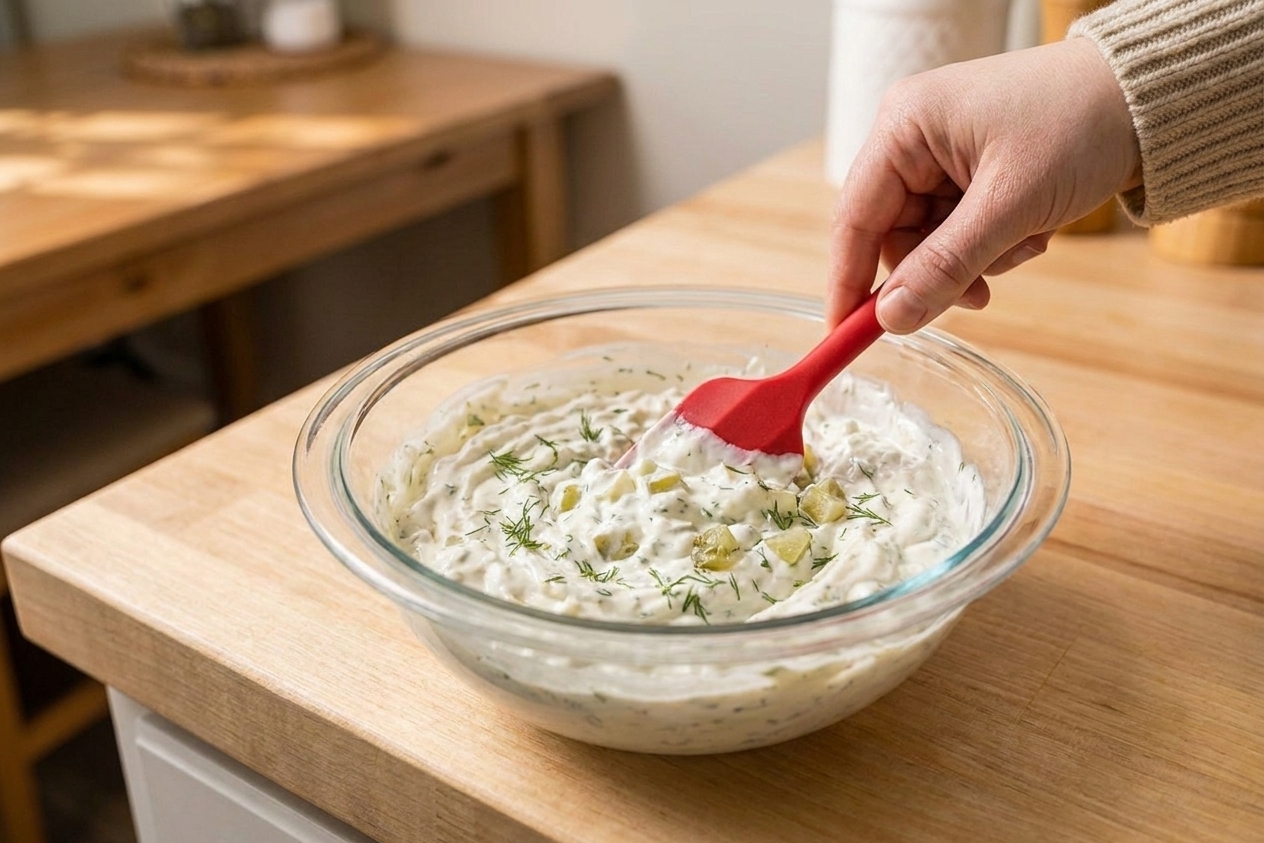 A rubber spatula stirring creamy dill pickle dip in a glass mixing bowl on a kitchen counter