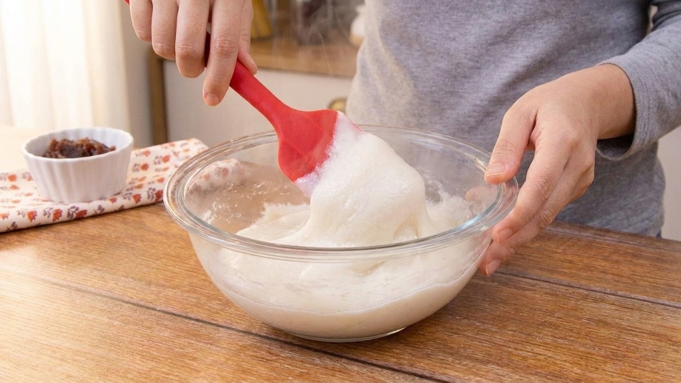 A rubber spatula stirring partially cooked mochi dough in a glass bowl with steam rising