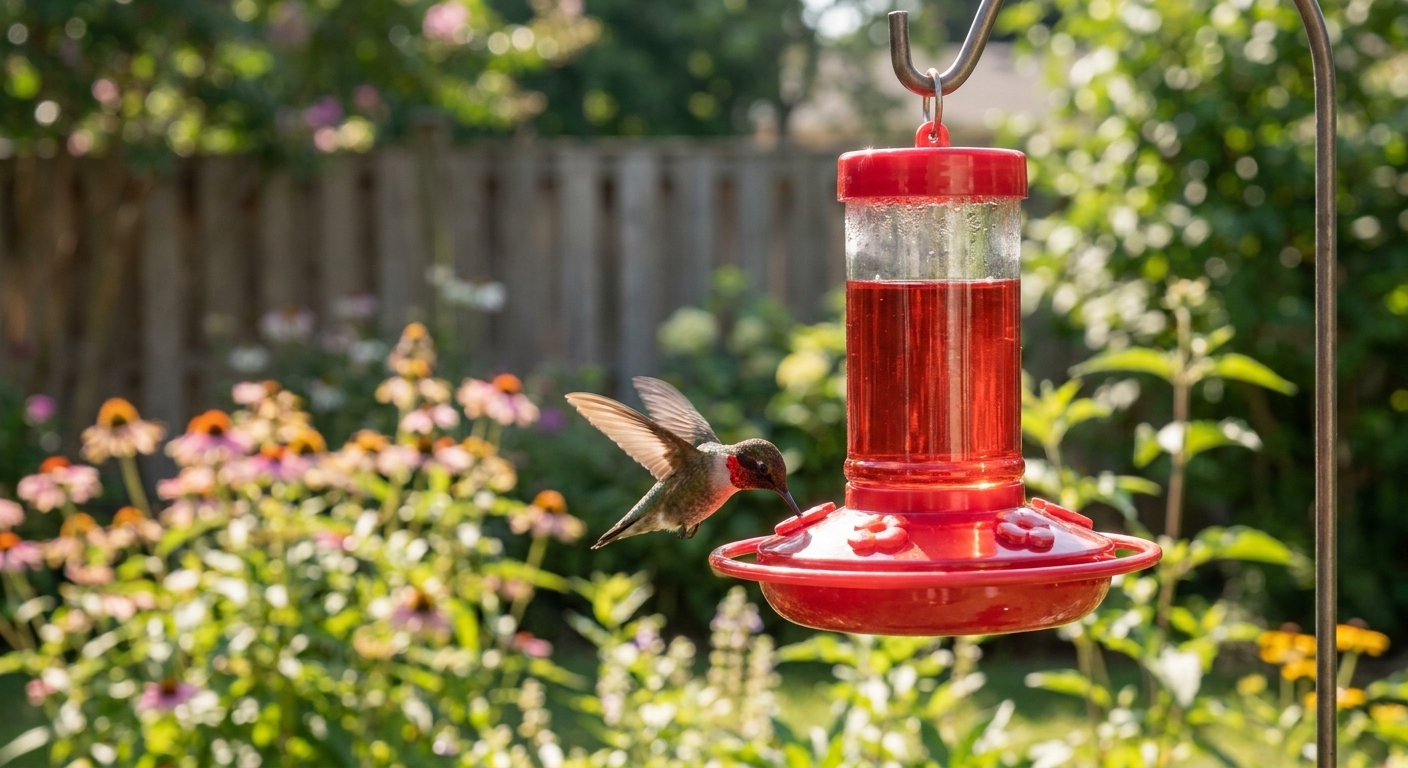 A ruby-throated hummingbird hovering and drinking from a backyard feeder on a sunny day, wings slightly blurred from motion, realistic wildlife photography style