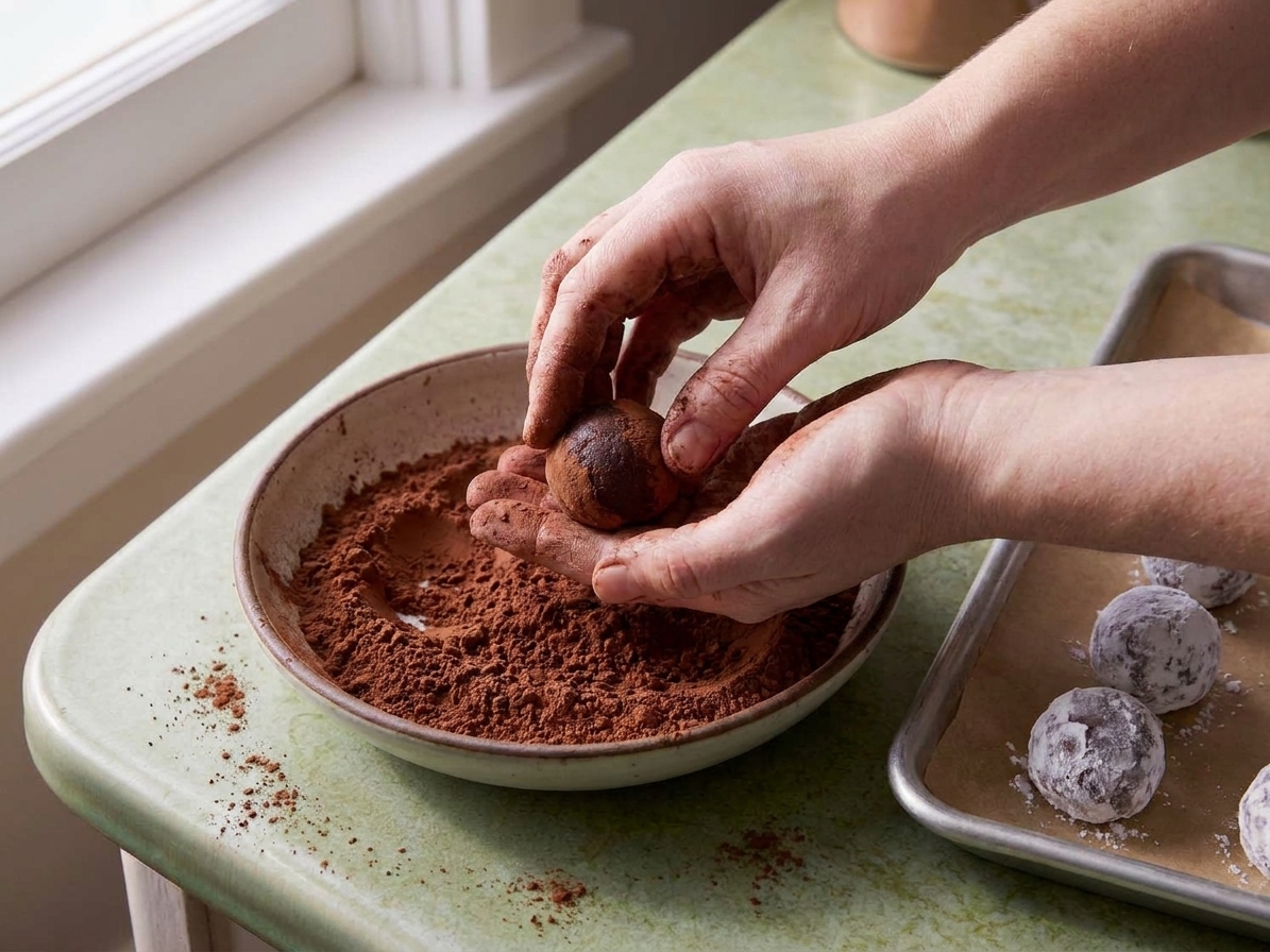 A rum ball being rolled in a shallow bowl of cocoa powder with other coated rum balls resting on parchment nearby