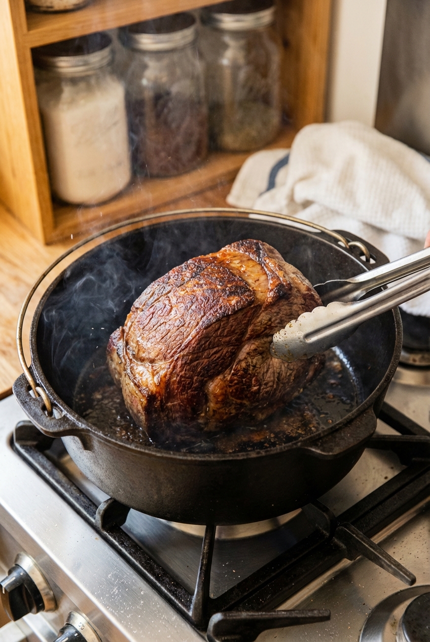 A rump roast being seared in a Dutch oven with a browned crust forming