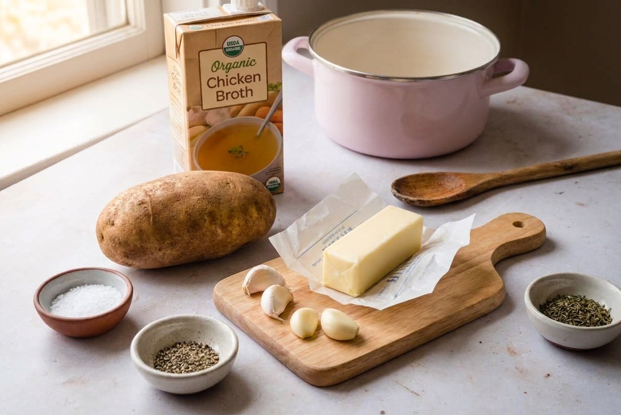 A russet potato, a carton of chicken broth, butter, garlic, and seasonings arranged on a clean kitchen counter in warm natural light