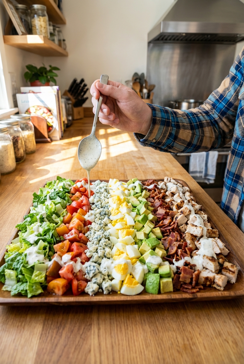 A rustic Cobb salad arranged in rows on a serving platter with dressing being drizzled from a spoon