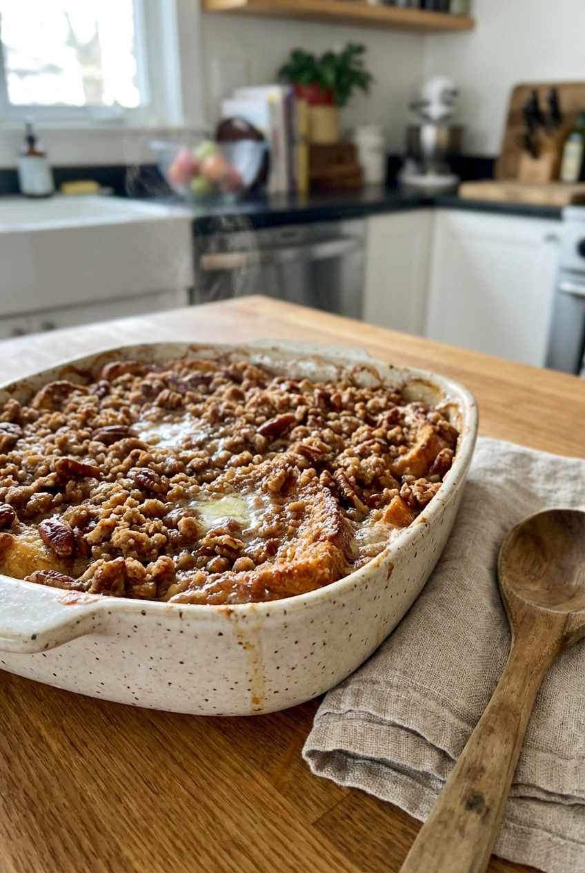 A rustic French toast casserole just out of the oven with a golden pecan crumble topping and bubbling edges in a ceramic baking dish