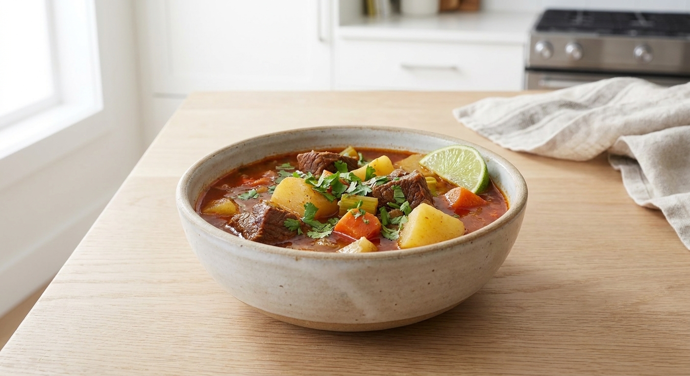 A rustic bowl of Mexican beef stew with tender beef chunks, potatoes, and carrots in a red chile broth, topped with cilantro and a lime wedge on a wooden table