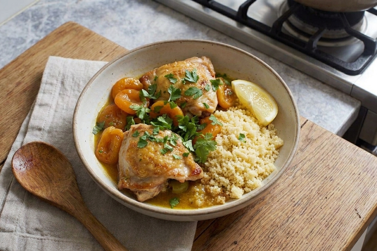 A rustic bowl of chicken and apricot tagine with green olives and herbs, served over fluffy couscous on a warm toned kitchen table