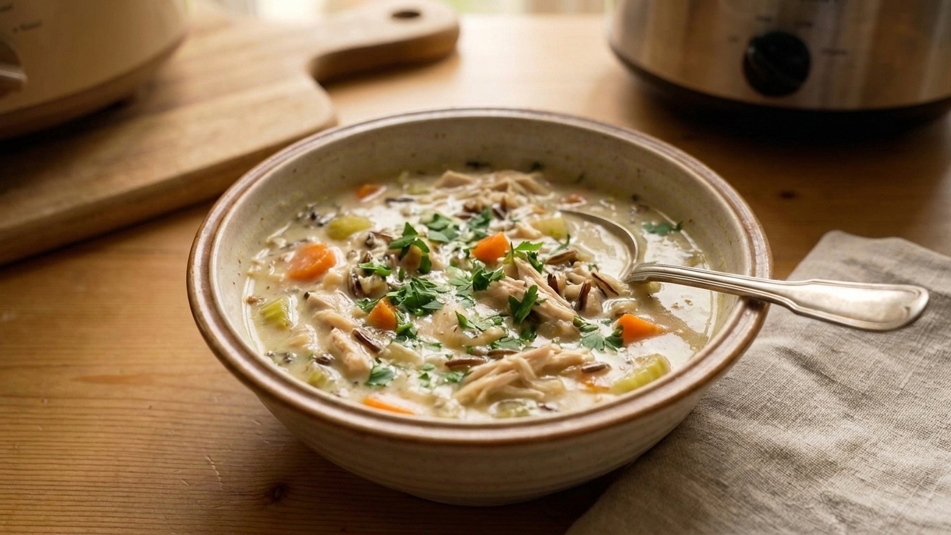 A rustic bowl of creamy chicken and wild rice soup garnished with chopped parsley on a wooden table with a spoon and a folded linen napkin, warm natural kitchen lighting