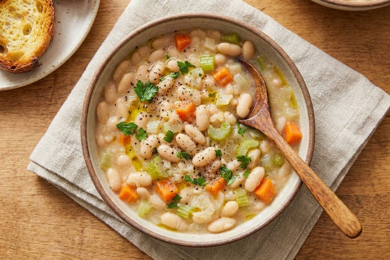 A rustic bowl of creamy great northern beans with a glossy broth, cracked black pepper, chopped parsley, and a drizzle of olive oil on a wooden table