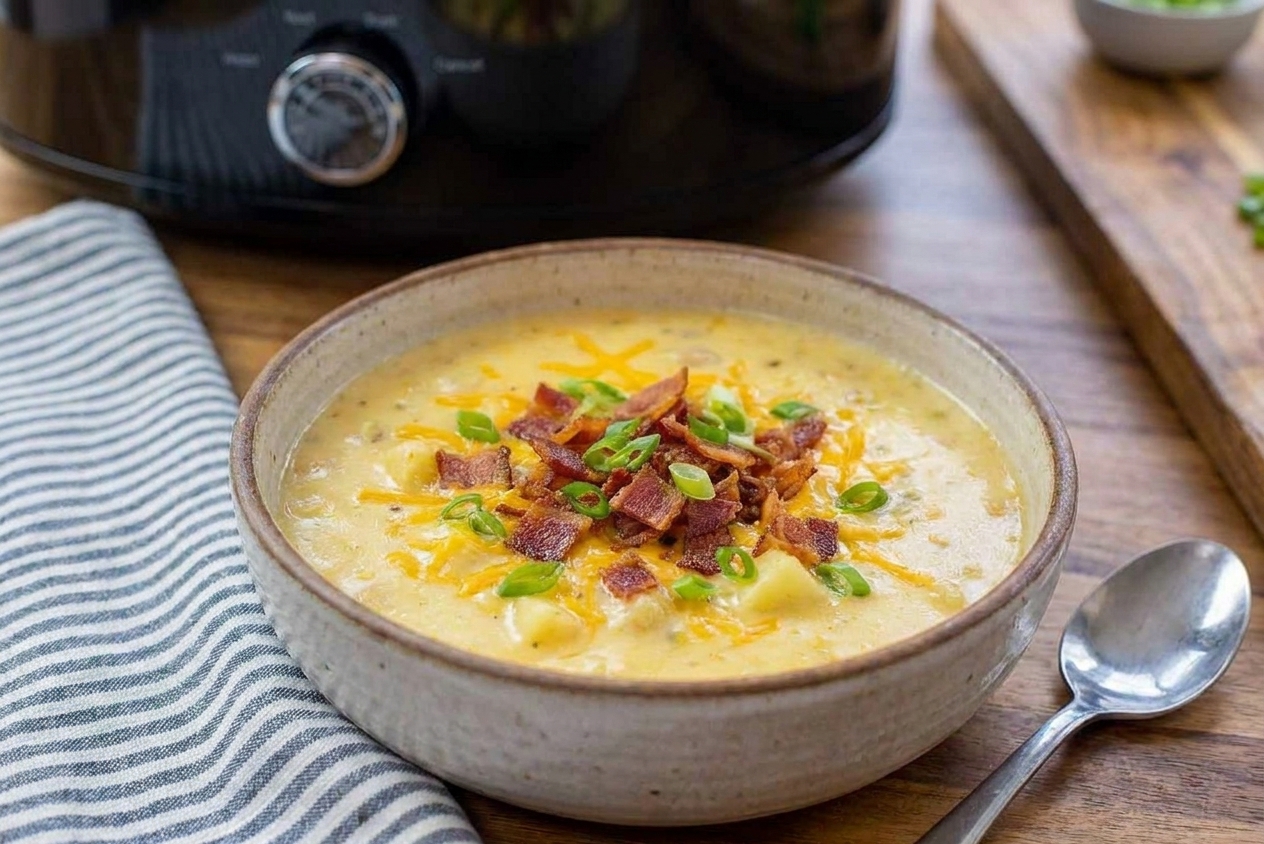 A rustic bowl of creamy potato soup topped with shredded cheddar, crispy bacon, and sliced green onions on a wooden table with a spoon beside it