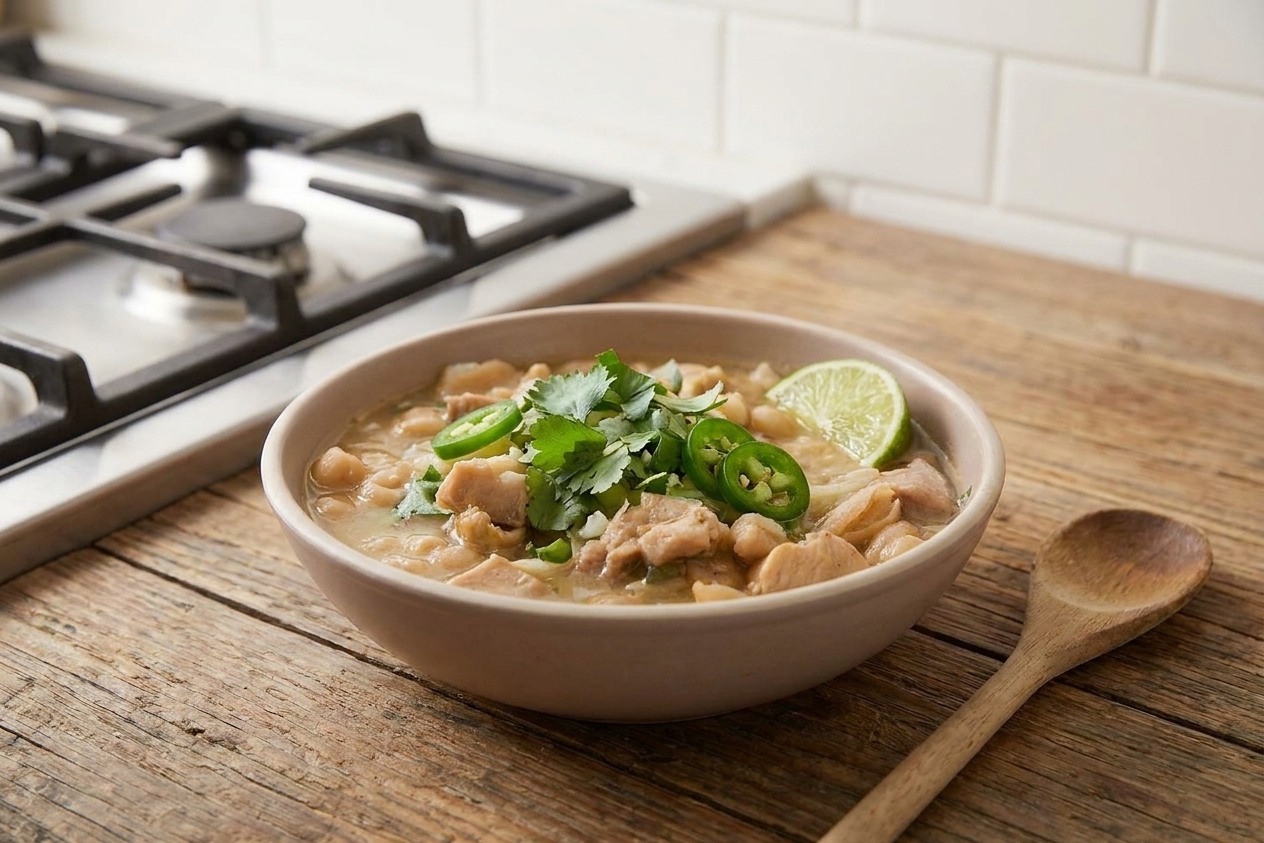 A rustic bowl of creamy white bean chicken chili topped with cilantro, sliced jalapeño, and a lime wedge on a wooden table with a spoon nearby