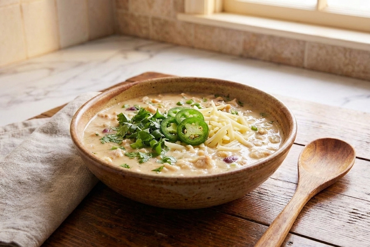 A rustic bowl of creamy white chicken chili topped with cilantro, sliced jalapeno, and shredded cheese on a wooden table with a spoon beside it