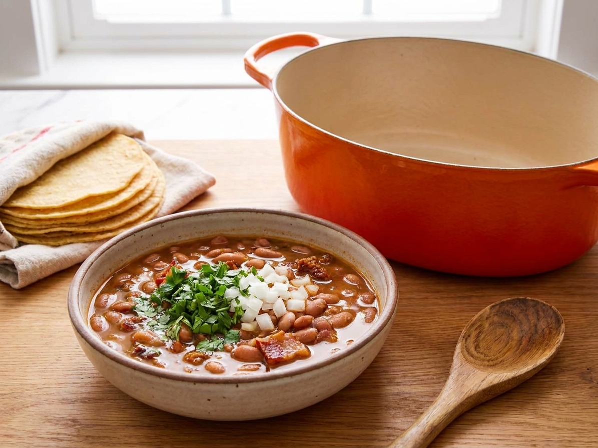A rustic bowl of frijoles charros with pinto beans in a smoky broth, topped with chopped cilantro and diced onion, with warm tortillas on a wooden table in a bright home kitchen