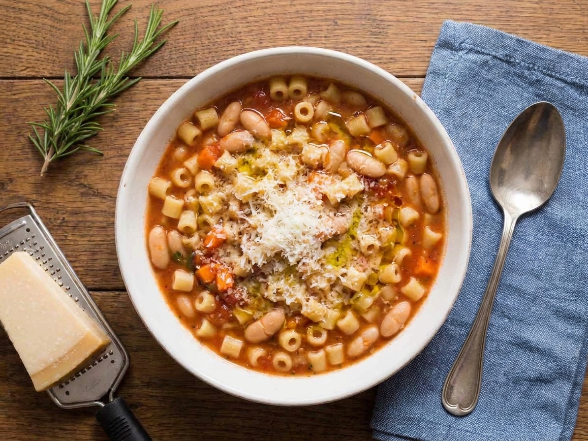 A rustic bowl of pasta e fagioli with ditalini pasta, cannellini beans, and a tomato-herb broth, finished with grated Parmesan and a drizzle of olive oil on a wooden table