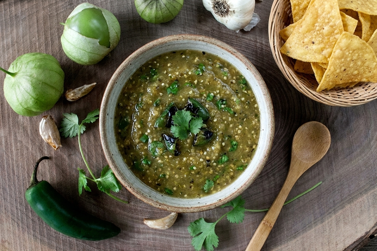 A rustic bowl of roasted tomatillo salsa verde with visible flecks of cilantro and charred jalapeño, set on a warm kitchen table with tortilla chips nearby