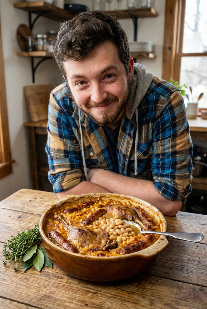 A rustic cassoulet in a glazed ceramic casserole dish with a golden breadcrumb crust, white beans, sausage, and duck confit, sitting on a wooden table with a spoon and herbs nearby