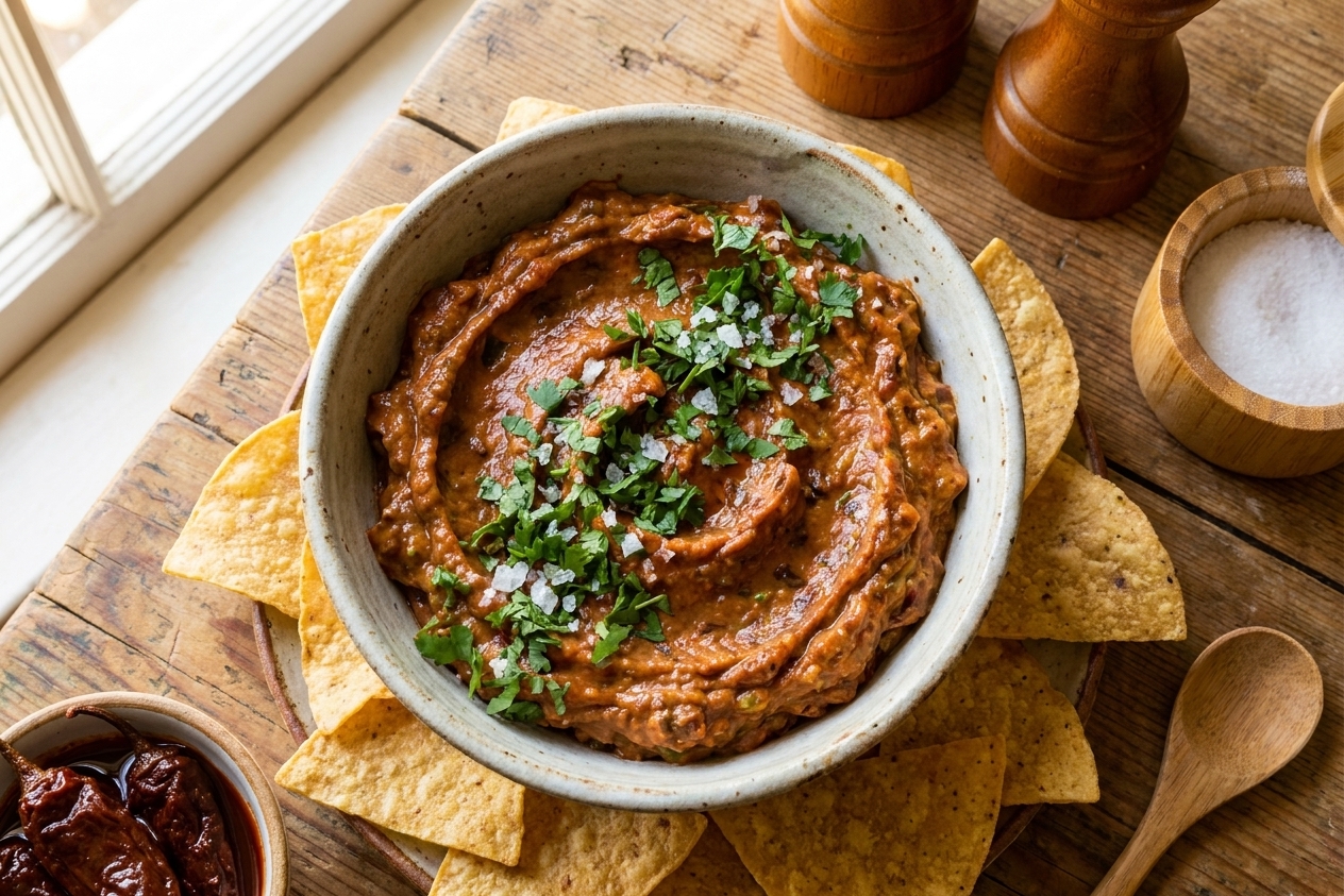 A rustic ceramic bowl of chipotle guacamole topped with chopped cilantro and flaky salt, surrounded by tortilla chips on a warm wooden table in natural window light