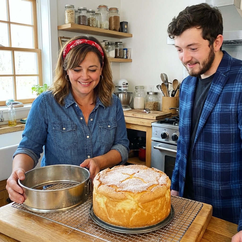 A rustic cloud cake cooling on a wire rack with a springform pan ring removed