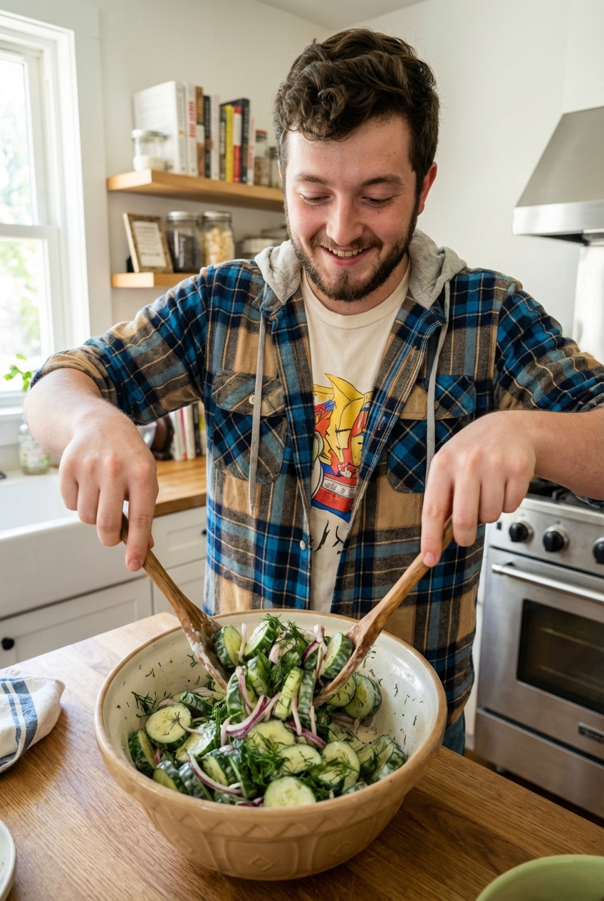 A rustic cucumber salad being tossed in a large mixing bowl with dill and red onion