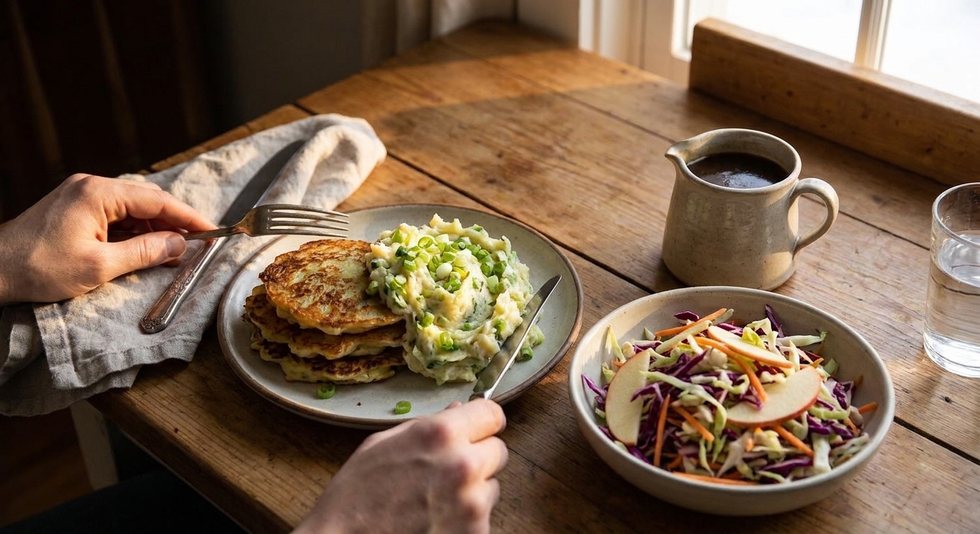 A rustic kitchen table set with boxty potato pancakes, a bowl of colcannon, a small pitcher of Guinness gravy, and a bright apple cabbage slaw, warm evening light