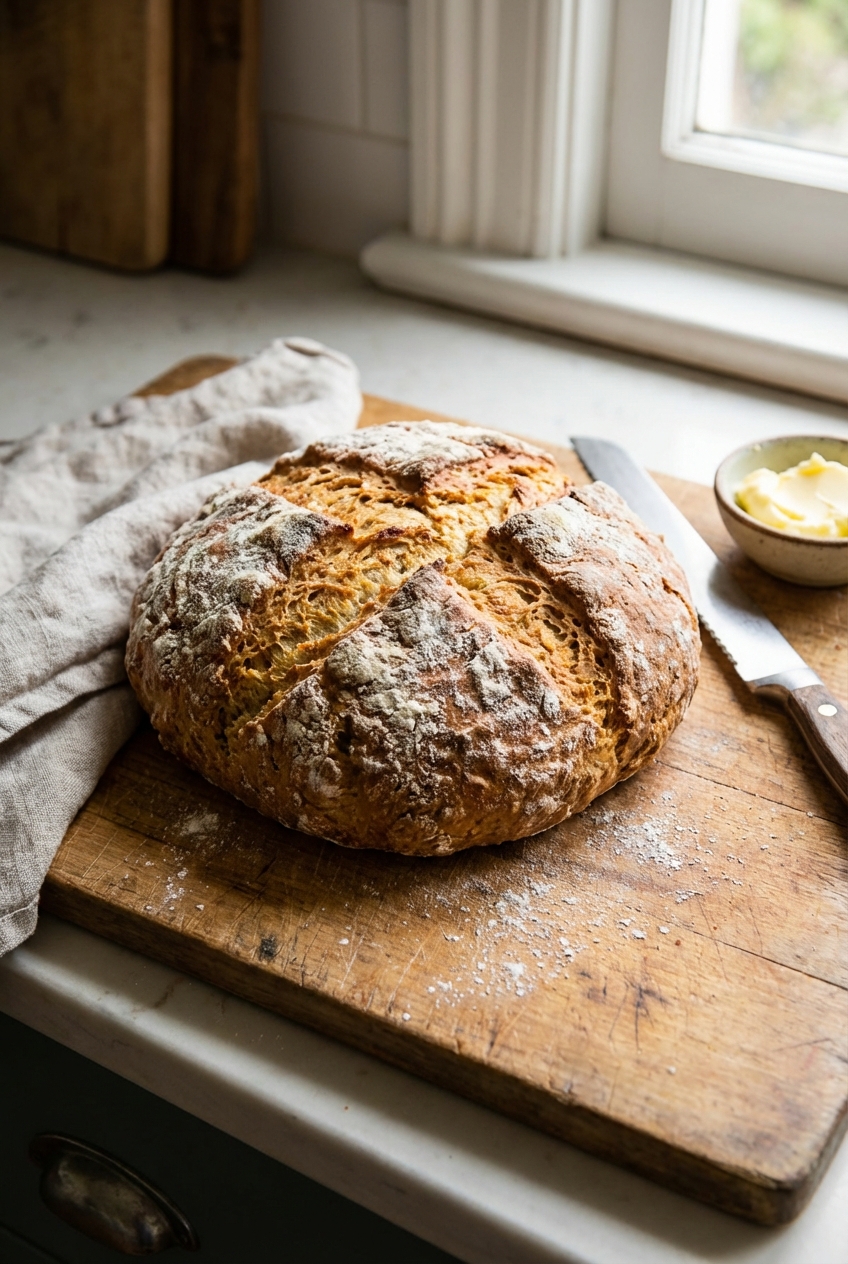 A rustic loaf of Irish soda bread on a wooden cutting board