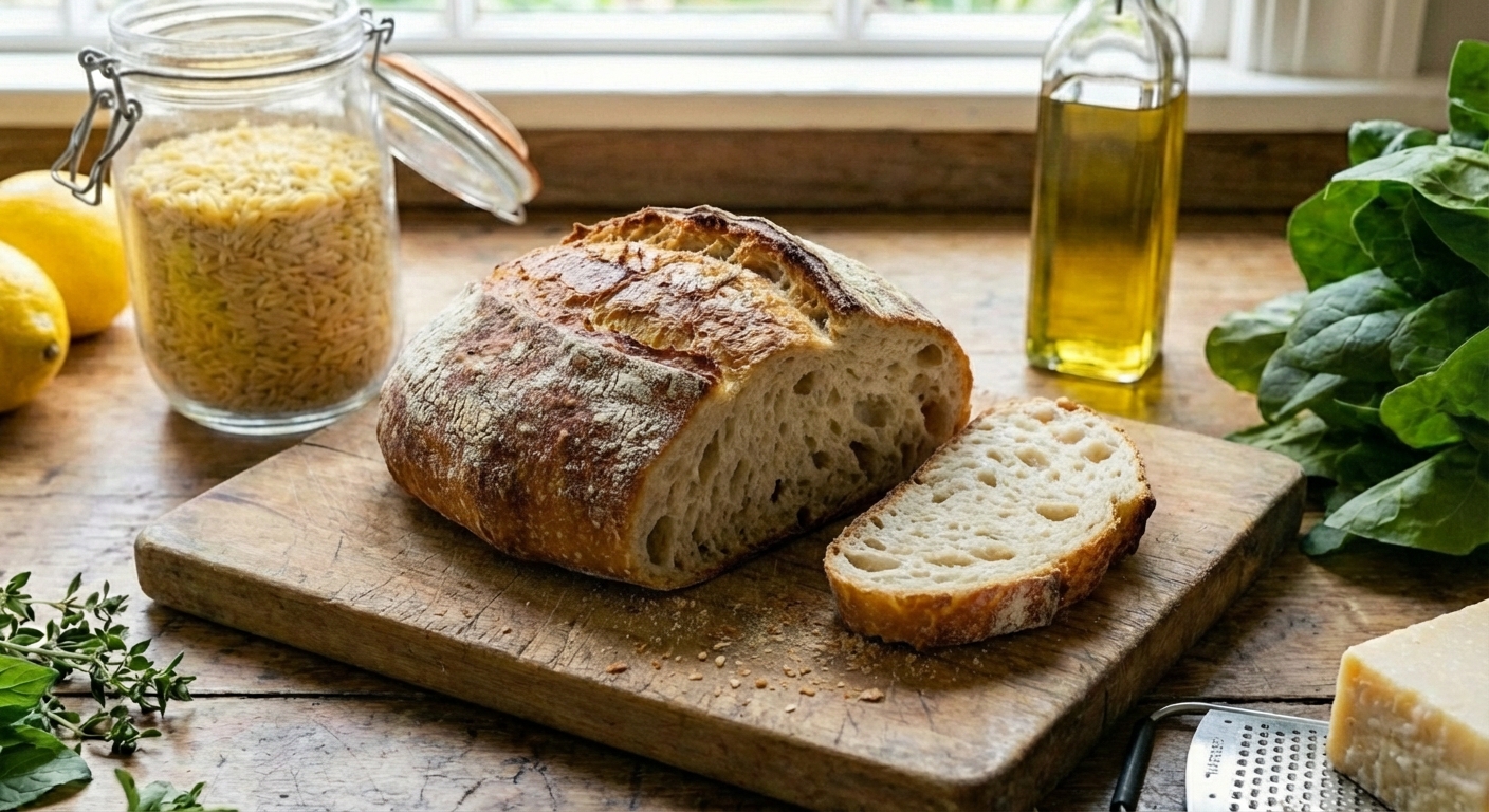 A rustic loaf of crusty bread on a cutting board