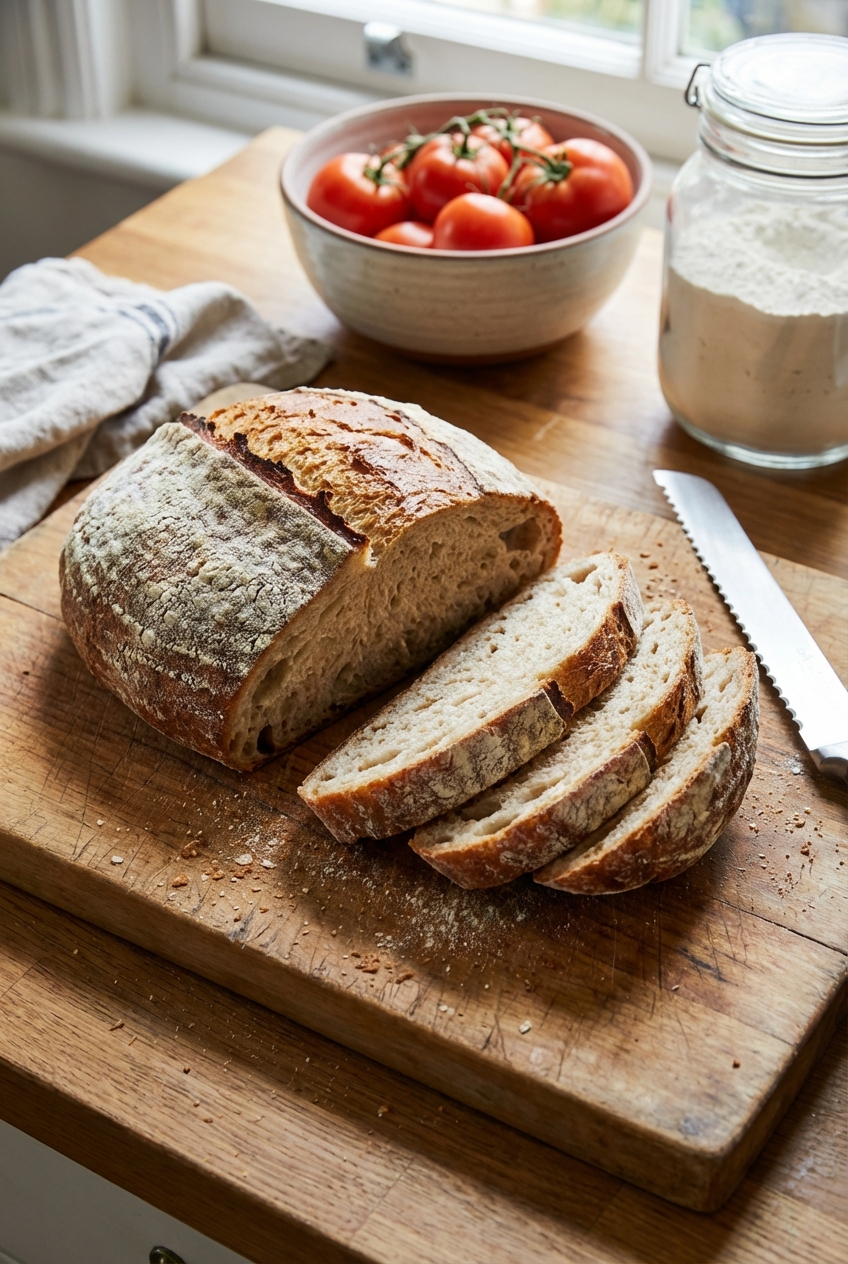 A rustic loaf of crusty bread sliced into thick pieces on a cutting board