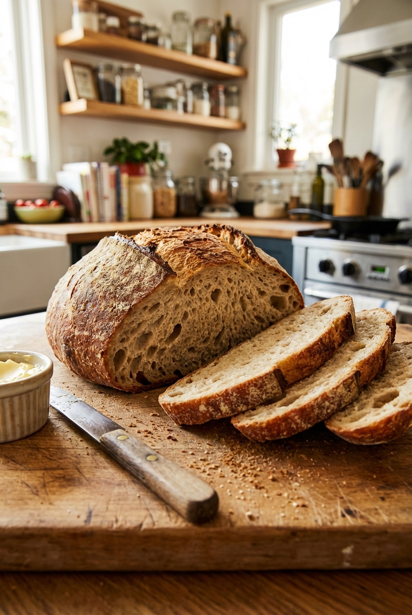 A rustic loaf of crusty bread sliced on a cutting board with a butter knife nearby