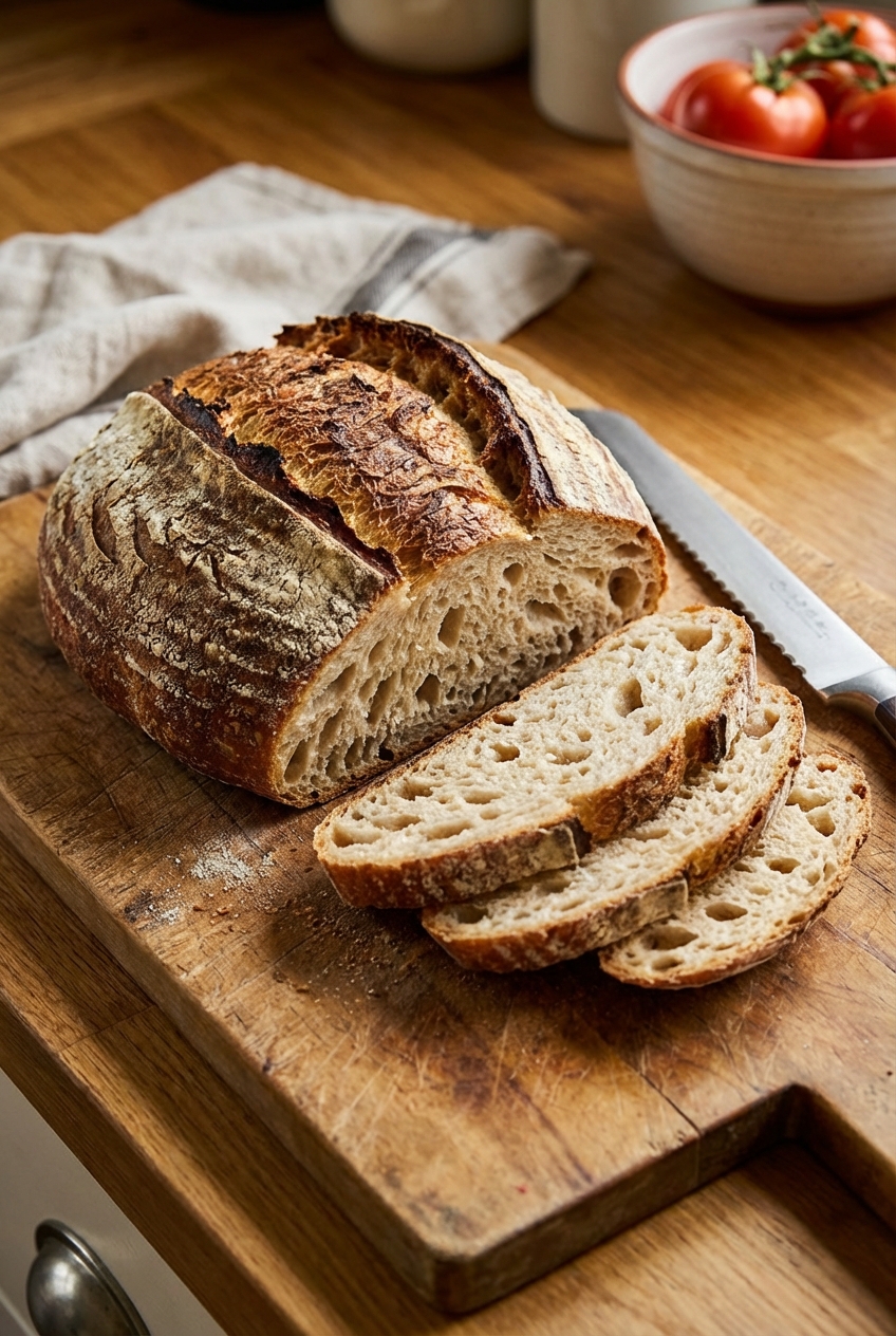 A rustic loaf of crusty bread sliced on a cutting board