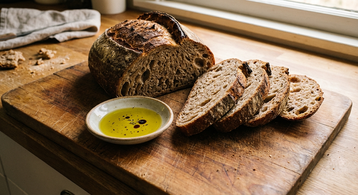 A rustic loaf of crusty bread sliced on a wooden board with a small dish of olive oil
