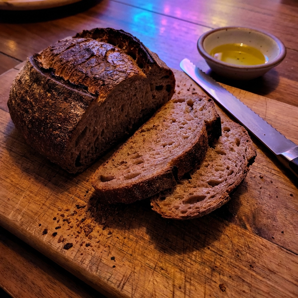 A rustic loaf of crusty bread sliced on a wooden board