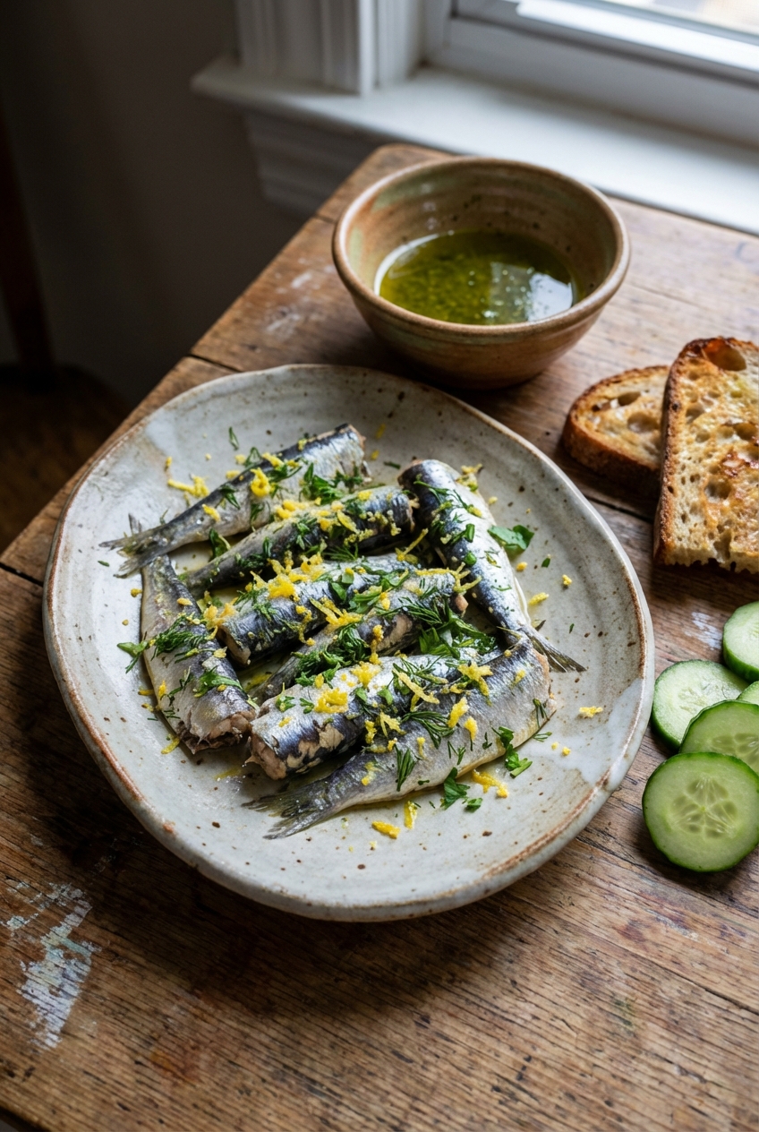 Rustic Chilled Sardines with Lemon Herb Oil