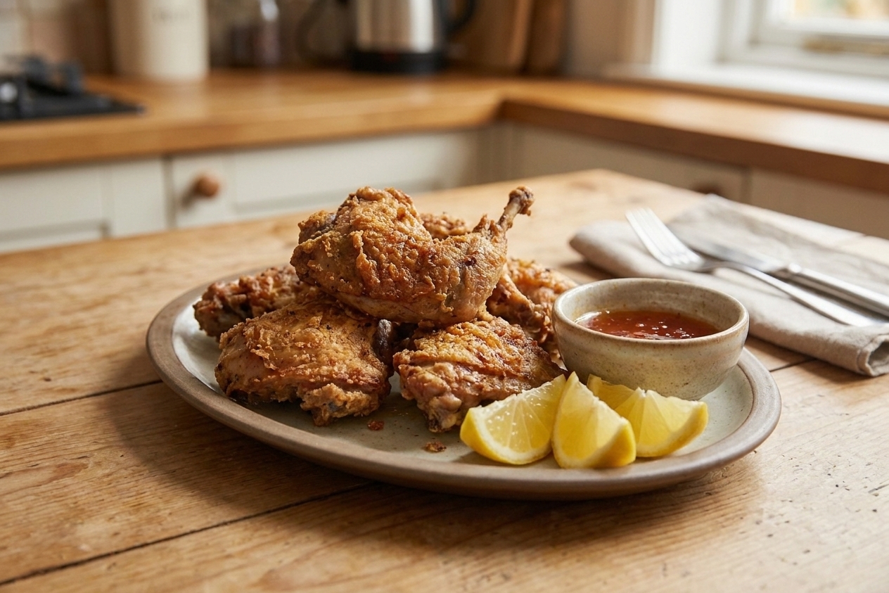 A rustic platter of golden brown fried squirrel pieces with flaky crust, a small bowl of hot honey on the side, and lemon wedges on a warm kitchen table