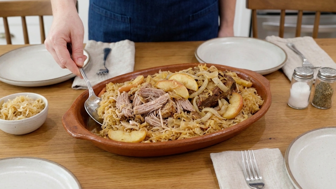 A rustic platter of tender slow-cooked pork nestled in sauerkraut with sliced apples and onions on a family dinner table